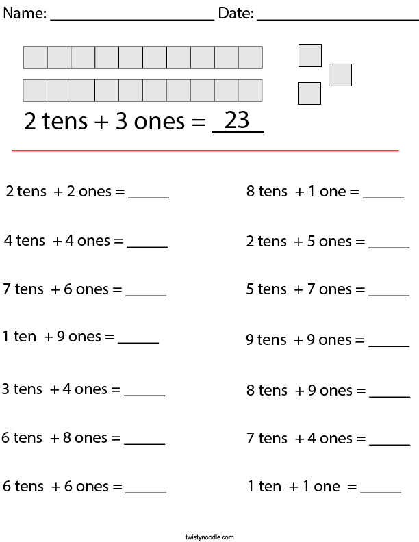 2 Digit Place Value Math Worksheet Twisty Noodle 0983